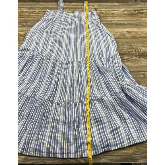 Elliot Lauren Midi Dress L Blue/White Stripe Sleeveless Tiered Ruffled Chambray - Picture 9 of 14